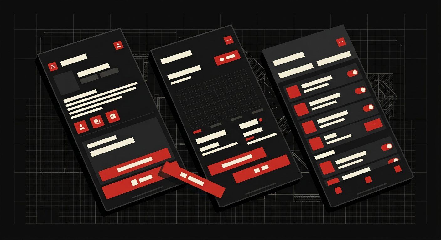 Three mobile app screens with dark interfaces and crimson accent buttons